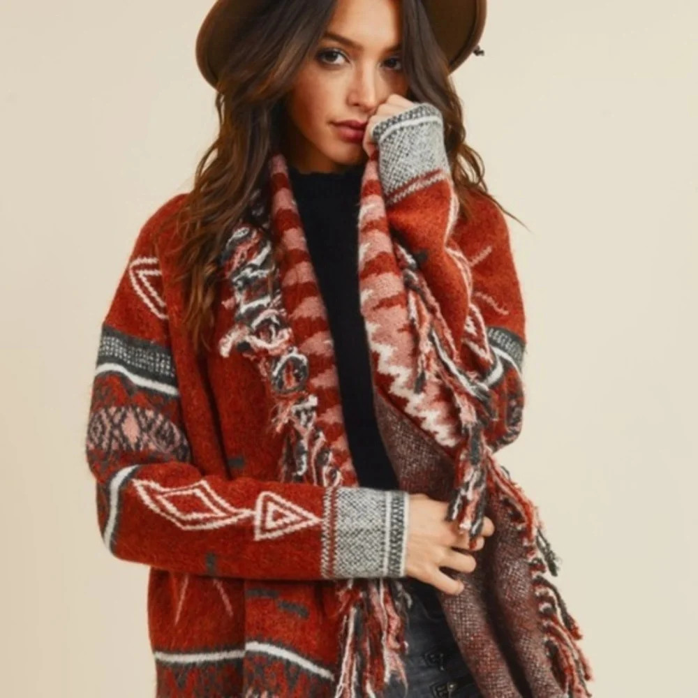 New Native Print Fringed Blanket Cardigan Sweater - Picture 2 of 6